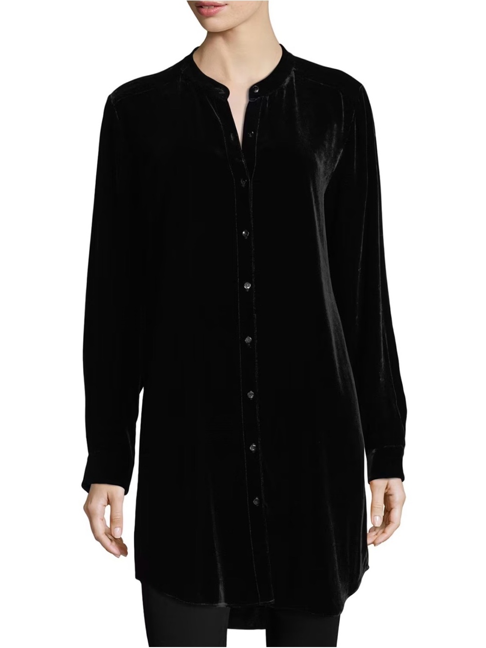 Eileen Fisher Silk Blend Mandarin Collar Black
Velvet Button-Front Tunic Shirt